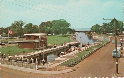 View of Locks and upper Canal to Cameron Lake from Sturgeon Lake on the Trent Waterways, at Fenelon Falls, Ontario, Canada