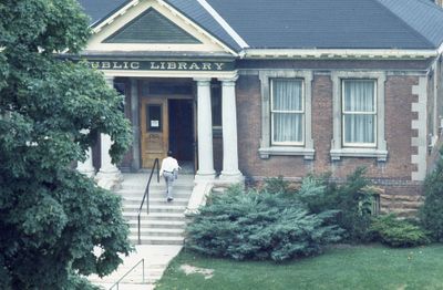 Exterior of Carnegie library, front steps, 1973