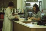 Interior of Carnegie library, checkout desk, 1973