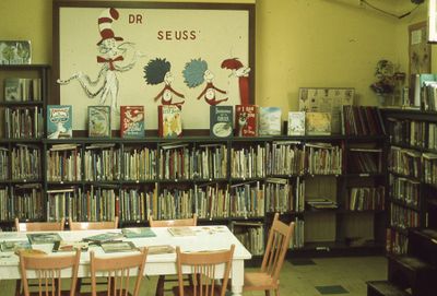 Basement of Carnegie library, children's department, book display, 1973