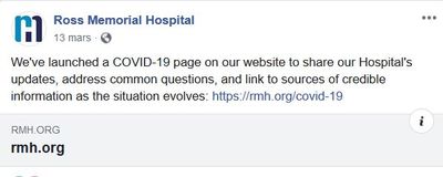 March 13: Ross Memorial Hospital launched a COVID-19 webpage on their website