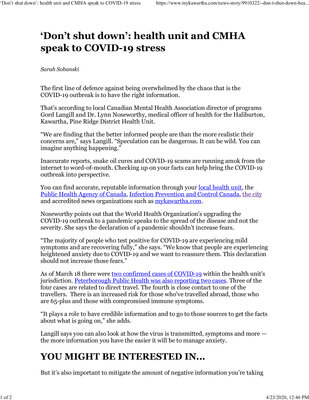 March 19: 'Don't shut down': health unit and CMHA speak to COVID-19 stress