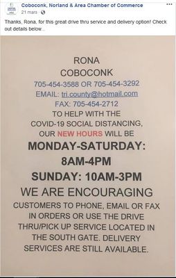 Rona Coboconk offers drive-thru and delivery services