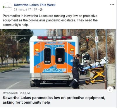 March 23: Kawartha Lakes paramedics low on protective equipment, asking for community help