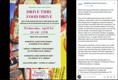 April 1: Kawartha Lakes Food Source Drive-Thru Food Drive