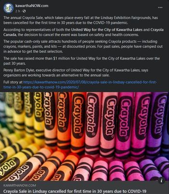 July 8: Crayola Sale in Lindsay cancelled for the first time in 30 years due to COVID-19 pandemic