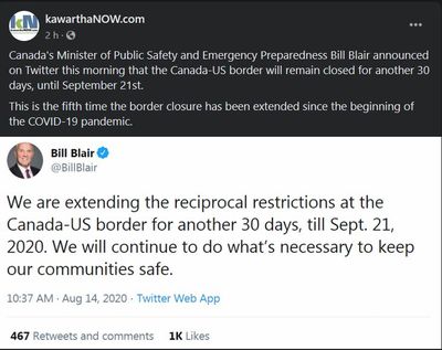 August 14: Canada-U.S. border remained closed