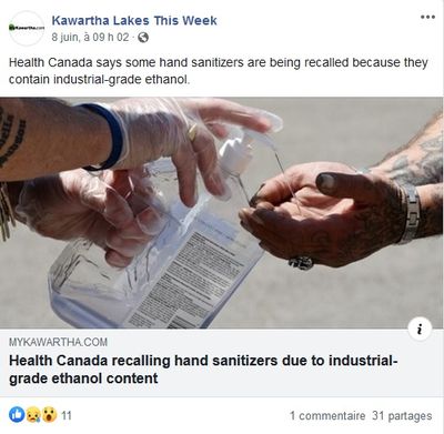 June 8: Health Canada recalling hand sanitizers due to industrial-grade ethanol content