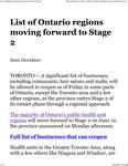June 8: List of Ontario regions moving forward to Stage 2