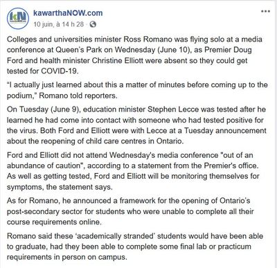 June 10: Premier Doug Ford and health minister Christine Elliot absent from media conference to get tested for COVID-19