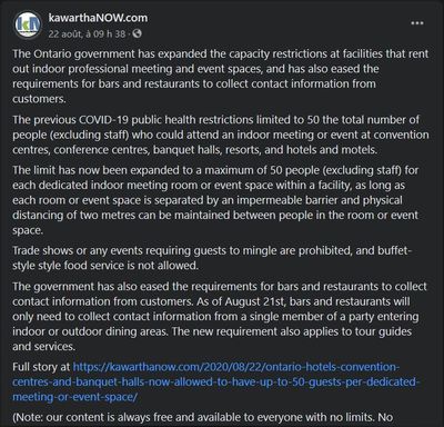 August 22: Ontario hotels, convention centres, and banquet halls now allowed to have up to 50 guests per dedicated meeting or event space