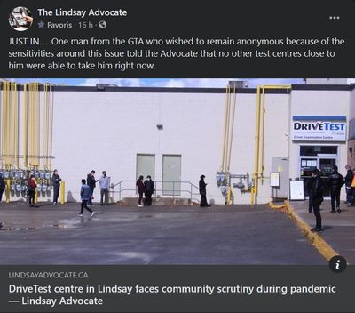 October 20: DriveTest centre in Lindsay faces community scrutiny during pandemic