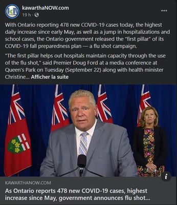 September 22: As Ontario reports 478 new COVID-19 cases, highest increase since May, government announces flu shot campaign