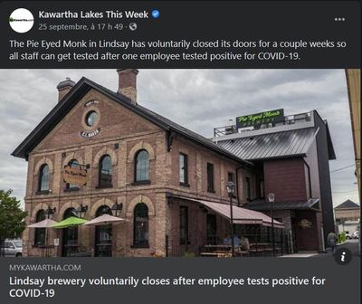 September 25: Lindsay brewery voluntarily closes after employee tests positive for COVID-19