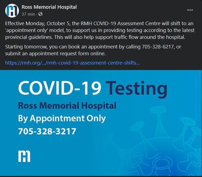 September 30: COVID-19 Assessment Centre shifts to appointment only model