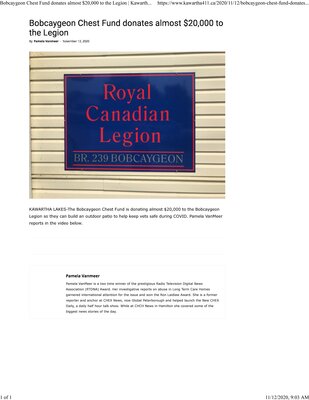 November 12: Bobcaygeon Chest Fund donates almost $20,000 to the Legion