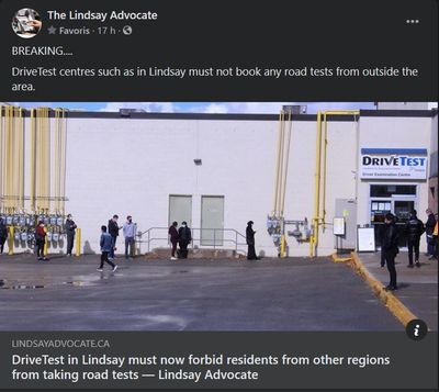 November 26: DriveTest in Lindsay must now forbid residents from other regions from taking road tests