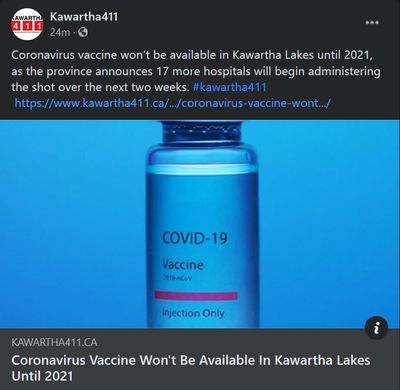 December 18: Coronavirus vaccine won't be available in Kawartha Lakes until 2021