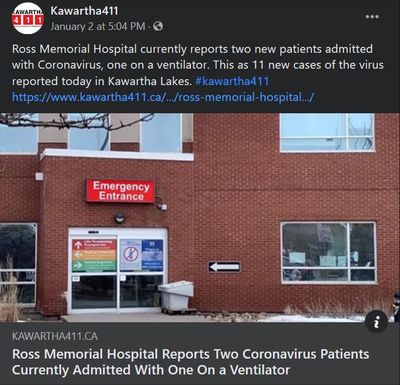 January 2: Ross Memorial Hospital reports two coronavirus patients currently admitted with one on a ventilator