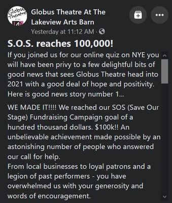 January 7: Globus Theatre reaches $100,000 with Save Our Stage (SOS) fundraiser