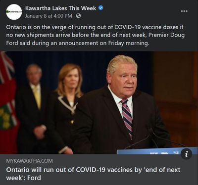 January 8: Ontario will run out of COVID-19 vaccine by 'end of next week' - Ford