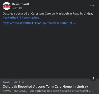 January 13: Outbreak reported at Long Term Care Home in Lindsay