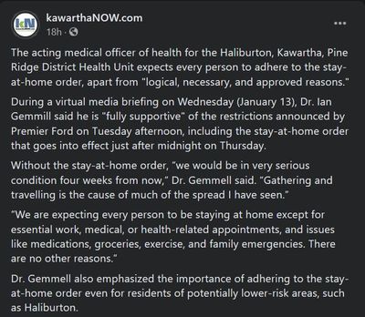 January 13: Residents of Kawartha Lakes, Northumberland, and Haliburton urged to adhere to stay-at-home order