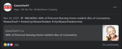 March 28: Wife of Pinecrest Home resident dies of Coronavirus