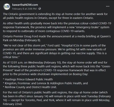 February 8: Ontario’s COVID-19 stay-at-home order extended for another week except in three public health units