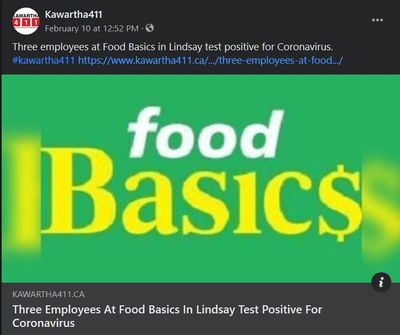 February 10: Three employees at Food Basics in Lindsay test positive for coronavirus