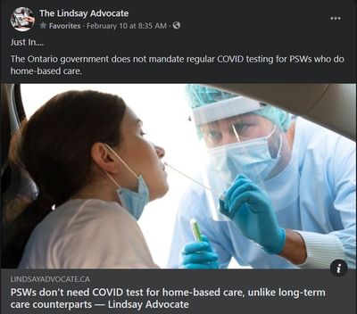 February 10: PSWs don't need COVID test for home-based care, unlike long-term care counterparts