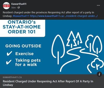 February 16: Resident charged under Reopening Ontario Act after report of a party in Lindsay