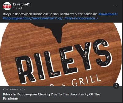 March 1, 2021: Rileys in Bobcaygeon closing due to the uncertainty of the pandemic