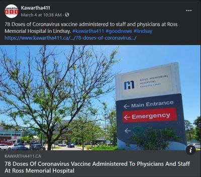 March 4, 2021: 78 doses of coronavirus vaccine administered to physicians and staff at Ross Memorial Hospital