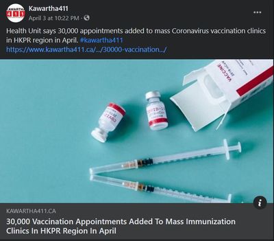 April 3, 2021: 30,000 vaccine appointments added to mass immunization clinics in HKPR region in April