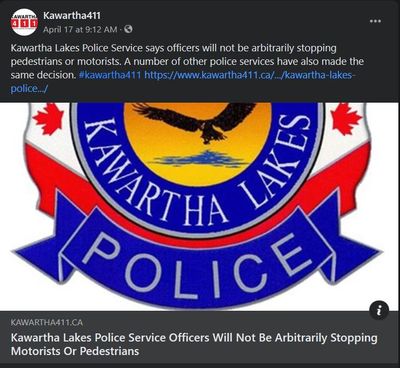 April 17, 2021: Kawartha Lakes police service officers will not be arbitrarily stopping motorists or pedestrians