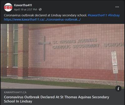 April 19, 2021: Coronavirus outbreak declared at St. Thomas Aquinas Secondary School in Lindsay