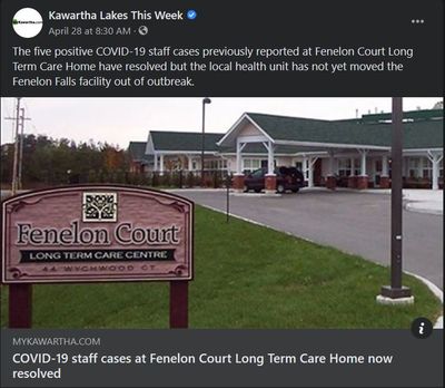 April 28, 2021: COVID-19 staff cases at Fenelon Court Long-Term Care Home now resolved