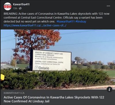 Active cases of coronavirus in Kawartha Lakes skyrockets with 122 now confirmed at Lindsay jail