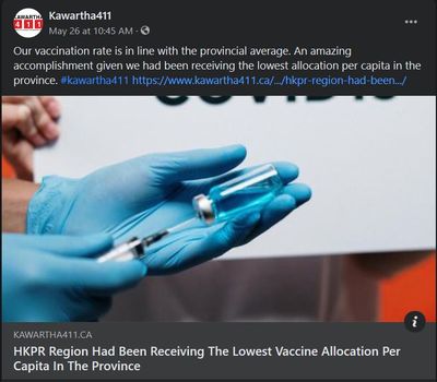 May 26, 2021: HKPR region had been receiving the lowest vaccine allocation per capita in the province