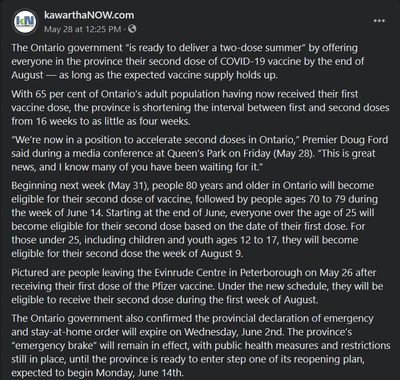 May 28, 2021: Ontario ‘ready to deliver a two-dose summer’ by accelerating second doses of COVID-19 vaccine