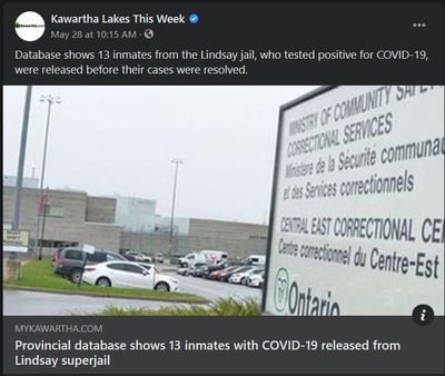 May 28, 2021: Provincial database shows 13 inmates with COVID-19 released from Lindsay superjail