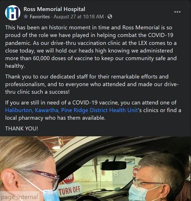 August 27, 2021: Ross Memorial's COVID-19 vaccination clinic closes