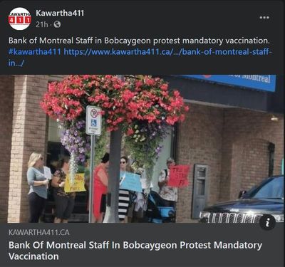 September 1, 2021: Bank of Montreal staff in Bobcaygeon protest mandatory vaccination