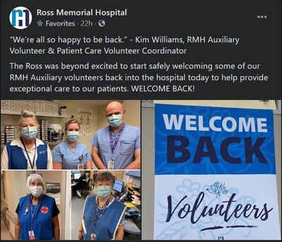 September 1, 2021: Ross Memorial Hospital welcomes back Auxiliary volunteers