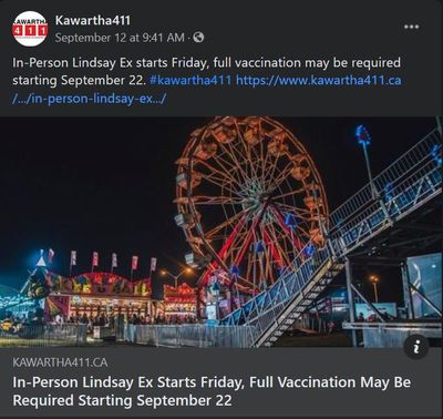 September 12, 2021: In-Person Lindsay Ex starts Friday, full vaccination may be required starting September 22