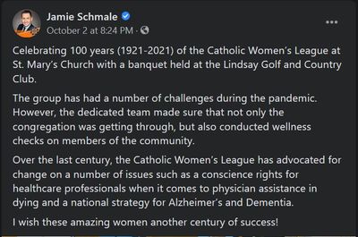 October 2, 2021: The Catholic Women's League, St. Mary's Church, celebrates 100 years