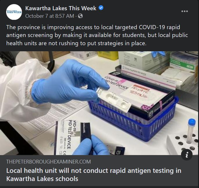 October 7, 2021: Local health unit will not conduct rapid antigen testing in Kawartha Lakes schools
