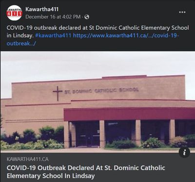 December 16, 2021: COVID-19 outbreak declared at St. Dominic Catholic Elementary School in Lindsay