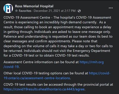 December 21, 2021: Ross Memorial Hospital's COVID-19 assessment centre has high demand